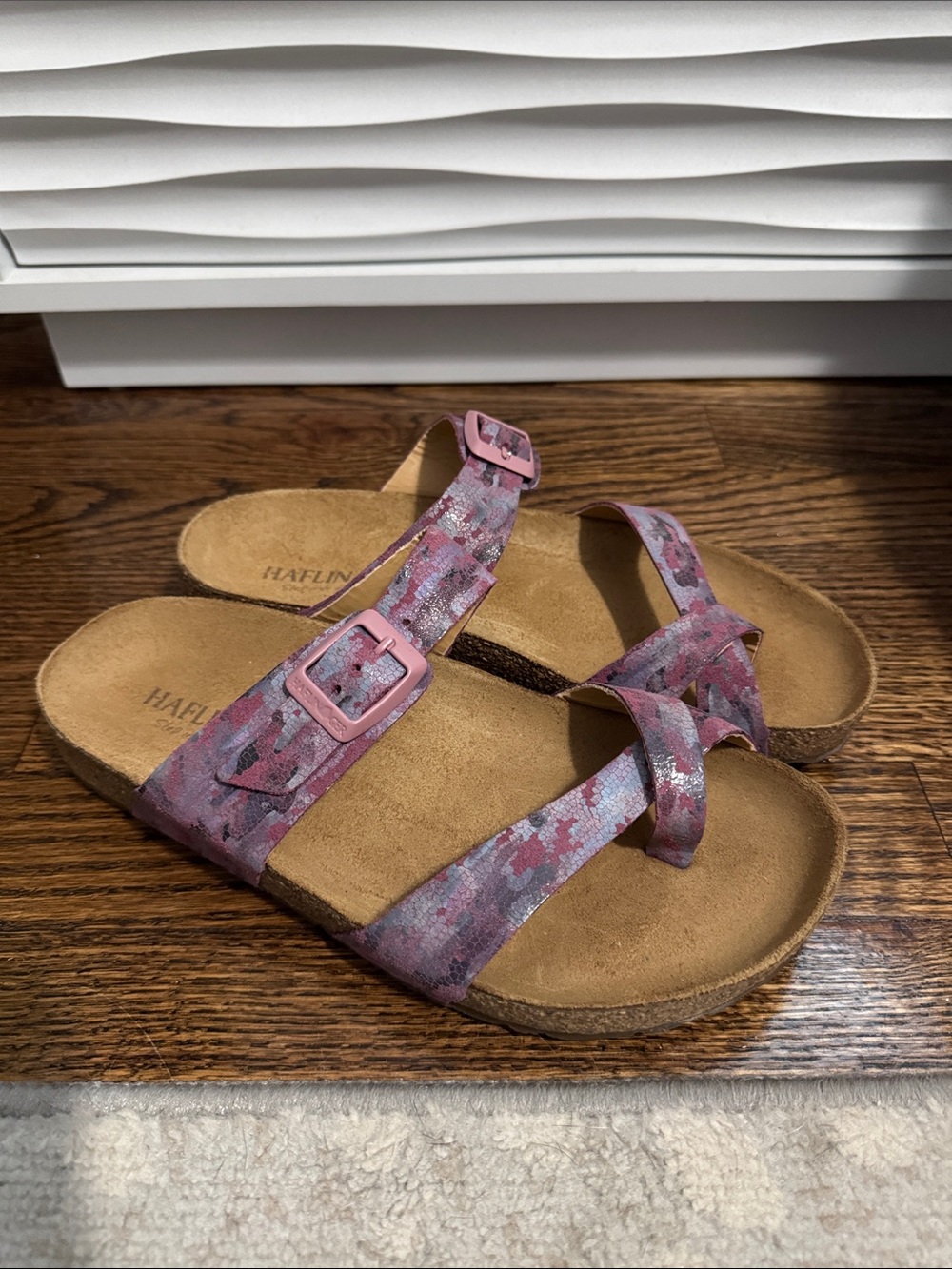 Haflinger Juno Pink Purple Camo Buckle Slide Cork Sandals